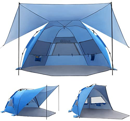 Elegear Strandzelt mit 360° abnehmbarem Baldachin, 4-6 Personen Pop Up Sonnenschutz Shelter, UPF 50+ Automatisierte Installation Doppelte Silberbeschichtung Tragbare Leichte Strandkabana für