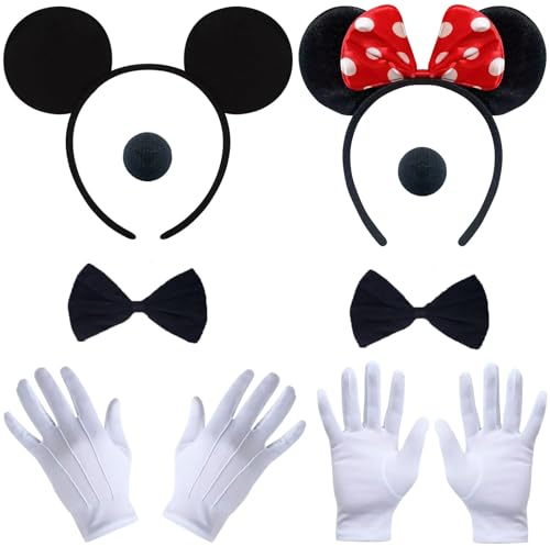 ATOWORLD Mouse Kostüm Damen Kinder Erwachsene Accessoires mit Maus Ohren Haarreif Nase Handschuhe Schleife Karneval Kostüm Mini Mouse Haarreif Damen Fasching Maus Kostüm Damen Mädchen Zubehör