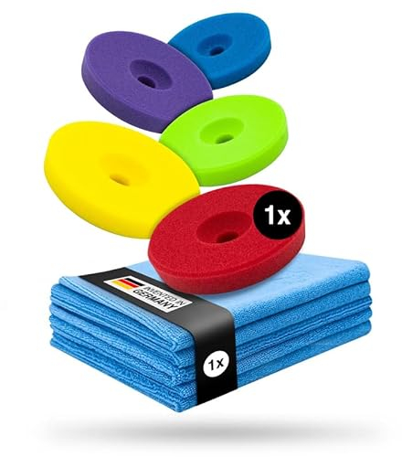 Liquid Elements – Centriforce V2 Polierpads 125mm Komplettset + 5 Mikrofasertücher – Polierschwämme mit Spezial-Fräsung für optimierte Ergebnisse – stark abrasiv bis extrem weich (5 Stärken á 1 Stück)