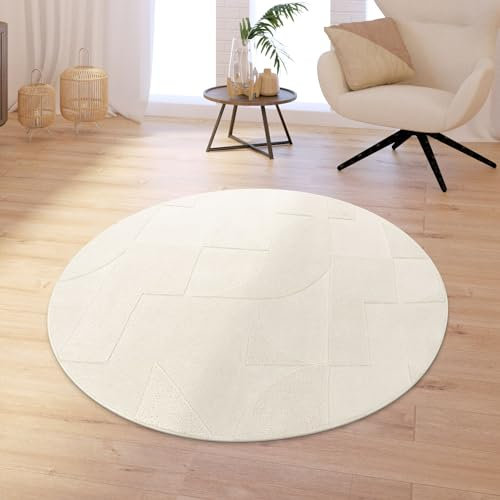 TT Home Wohnzimmer Teppich Schlafzimmer Hochflor Skandinavisch Uni Boho Waschbar, Farbe:Creme, Größe:120 cm Rund