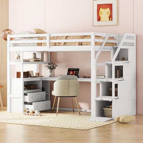 Hochbett mit Schreibtisch und Treppe, Etagenbett Kinderbett mit Stauraumschubladen und Regale, 90x200cm Stockbett Funktionsbett Kinderhochbett Jugendhochbett, inklusive Lattenrost, ohne Matratze,Weiß
