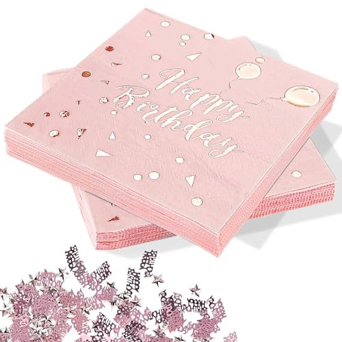 60 Pièces Serviettes Joyeux Anniversaire Rose Gold, Serviette de Table Papier Serviette Papier Anniversaire avec Confettis Anniversaire, pour Fête d'Anniversaire (Rose Gold)