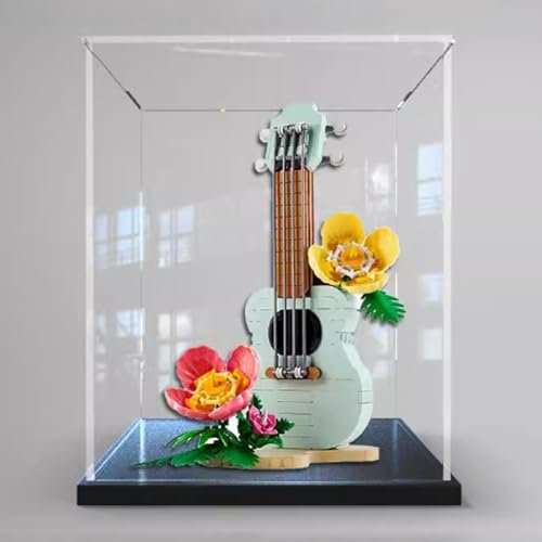 Acryl-Displaybox für Lego 31156 Tropical Wind Ukulele, Transparente, staubdichte Displaybox, kompatibel mit Lego 31156 Bauset (Modell nicht im Lieferumfang enthalten) (schwarzer Sockel)