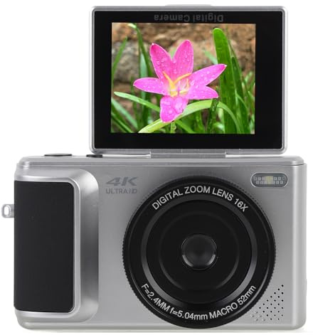 Digital Camera for Photography, 4K 16X Zoom Video Camcorder Auto Focus with 180 Degree Flip Screen, 64MP Anti Shake Travel Camera for Selfie Photo Video (Silver)