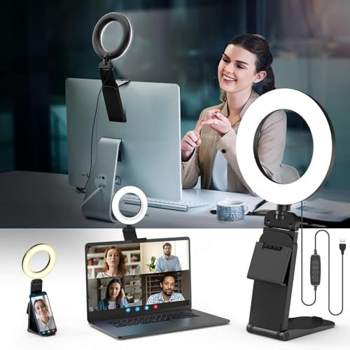 Evershop Ring Light 5 per Laptop, Computer e Telefono – Luce ad Anello con Rotazione a 360°, 3 Modalità di Illuminazione e 10 Livelli di Luminosità per Selfie, Trucco, Videoconferenze, Streaming