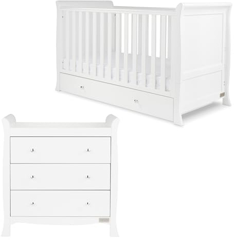 Ickle Bubba Snowdon 2pc Furniture Set, Changing Unit & Sprung Mattress | 4-in-1 Sleigh Cot Bed (Fits 140x70cm Mattress) with Matching Changer