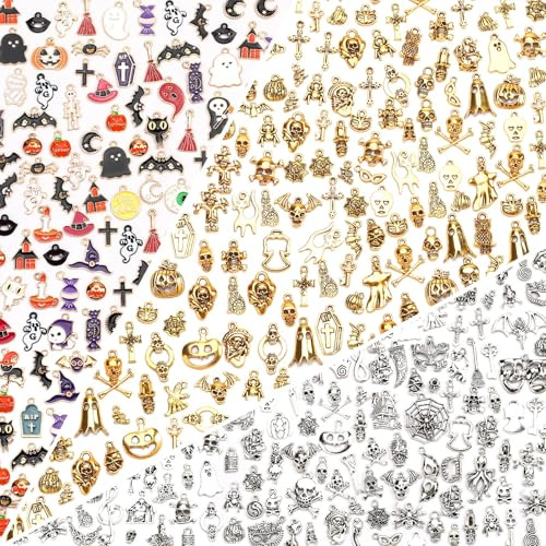 SANNIX 350 Stück Halloween-Anhänger verschiedene Emaille-Anhänger gemischte Mengen Antikgold tibetisches Silber Schmuckanhänger für Armbänder Halsketten und Ohrringe Zubehör zur Herstellung
