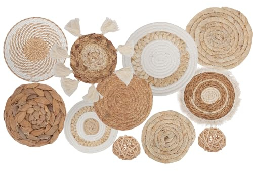 HUOMAQFAN 9 Stück Boho Wandkorb Set Gewebte Wandkorbdekoration 2 Rattan Dekokugeln, Runde Gewebte Wanddekoration, Hängende gewebte Körbe für Wohnzimmer Schlafzimmer Esszimmer Büro