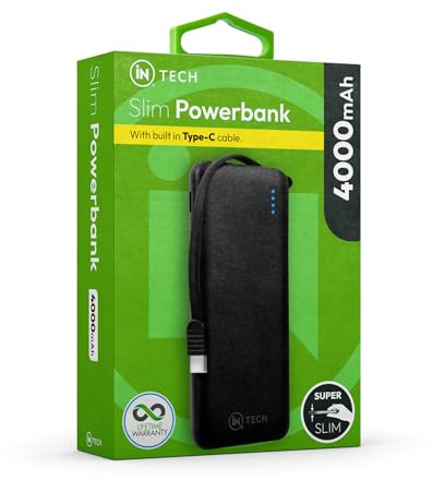 iN Powerbank Slim Power Bank with Built-in Type-C Cable | Ultra-Portable Fast Charging | Light Weight | LED Indicators | Comes with Powerbank Charging Cable(4000mAh)
