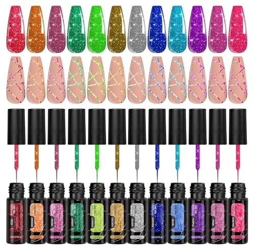 Glitter Gelnagellack Set Reflekterande Långvarigt Gel Manikyr Liner Kit | 12 Färger Reflekterande Långvarig Manikyrliner Design Gelnagellack För Konst, , , Fest, Semester, Kvinnor, Sommar