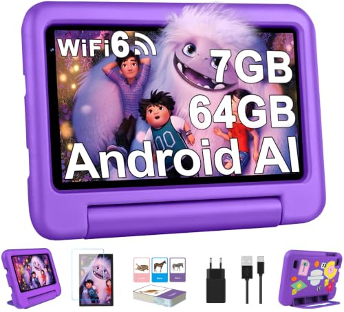 2026 Tablet Bambini 7 pollici Android, 7GB RAM + 64GB ROM/TF 1 TB, Wi-Fi 6, BT 5.0, 8-core, Batteria 3500mAh, Controllo Parentale, Doppia Fotocamera, GMS, Tablet Bambini Con Custodia in EVA - Viola
