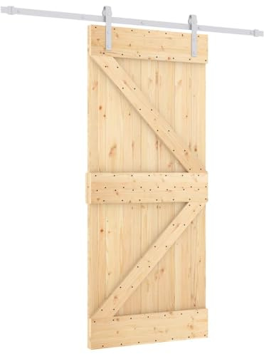 HETFTJN Porta scorrevole 90 x 210 cm, in legno di pino massiccio, set completo con binario in acciaio, porta scorrevole in legno per interni, porta interna salvaspazio, colore naturale e bianco