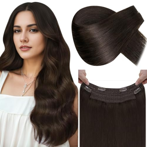 LaaVoo Invisible Secret Wire Extensions Echthaar Dunkelbraun Extensions Echthaar mit Draht Dunkelstes Braun Fish Line Haarverlängerung Echthaar Unsichtbar 30cm #2 80g/Paket