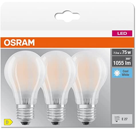OSRAM LED-Lampe, Sockel: E27, Kalt weiß, 4000 K, 7,50 W, Ersatz für 75-W-Glühbirne, matt, LED BASE CLASSIC A, 3er-Pack
