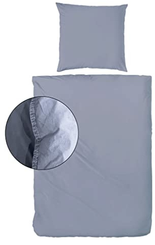 Hahn Baumwolle Stone Washed Bettwäsche 2 TLG. mit Reißverschluss weich strapazierfähig pflegeleicht, Denim 155x220 cm + 80x80 cm