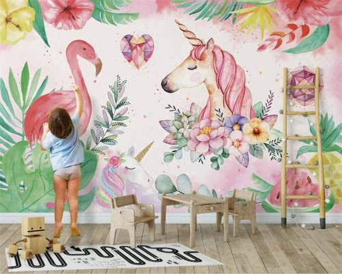 SELIE Papier Peint Panoramique Chambre D'Enfant Fleur Licorne Flamant Rose Moderne Décoration Murale, 200 x 140cm(LXH)