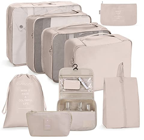 OSDUE Koffer Organizer Set 9-teilig, Packing Cubes, wasserdichte Reise Kleidertaschen, Packtaschen für Koffer, Verpackungswürfel mit Schuhbeutel, USB Kabel Tasche, Digitale Tasche (Beige)