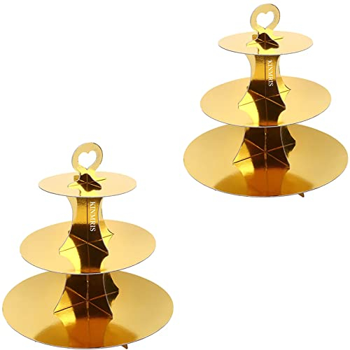KINMRIS 2 Pack Cupcake Stand 3-Tier Rounded Edge Cake Stand, Cardboard Cake Stand, Birthday Party SUPPLIES TIER 3 Tier (B-Gold)