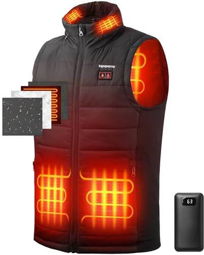 KEMIMOTO Beheizbare Weste Herren mit Kapuze, Beheizte Weste mit 9600mAh Akku, 5 Heizzone, Eletriksche Heizweste für Herren und Damen mit Ohrenheizung, für Motorrad, Skifahren, Angeln, Camping, Wandern