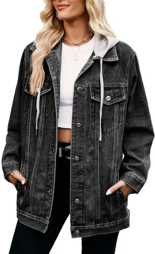 hathne Veste en jean surdimensionnée décontractée à manches longues avec poches pour femme, Z-noir avec capuche, X-Large