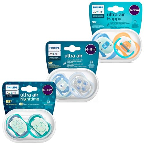 Philips Avent Ultra Air Day & Night Schnuller Set 6-18 Monate, 6 Stück, inklusive Transport- und Sterilisationsbox, 6-18 M, Uni Mix