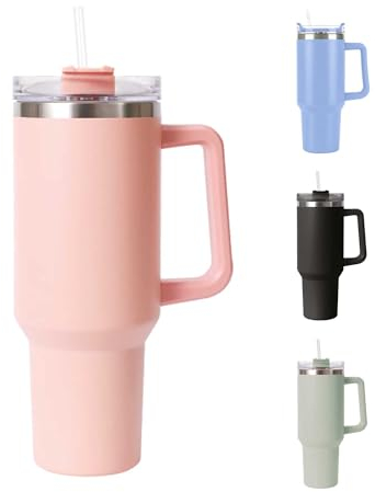 LKH Tumbler with Straw and Lid 40oz/1.1Litre Ergonomic Handle Thermal Travel Mug Stainless Steel Insulated Thermos Coffee Mug Keeps Drink Hot/Cold Leakproof Tumbler Bottle for Tea Coffee Drinks(Pink)