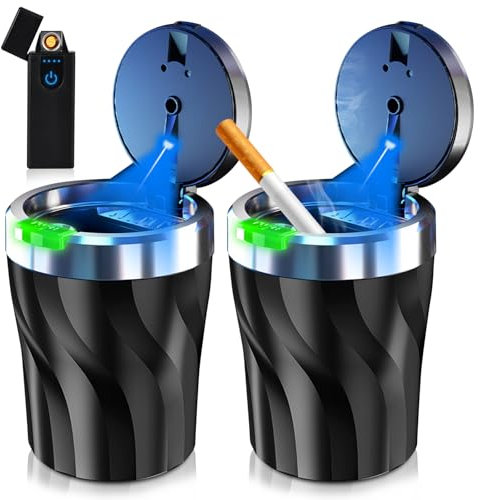 Auto Aschenbecher mit Deckel, 2 Stück Aschenbecher Auto mit LED Licht, Aschenbecher für Auto, Autoaschenbecher, Auto Aschenbecher Geruchsdicht, Versiegelt, Flammhemmend, mit USB Feuerzeug Elektrisch