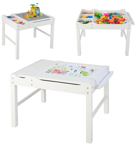 LIFEZEAL 2 in 1 Kindertisch, Zeichentisch mit Stauraum, Multifunktionaler Aktivitätstisch mit Papierrolle & umkehrbarer Tischplatte, Spieltisch für Kinder ab 3 Jahren (Weiß)