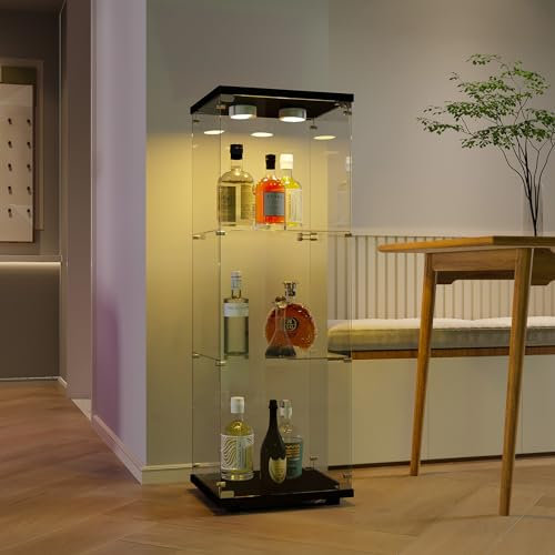 BLSYHDH Vetrina in Vetro Con LED, Armadio per Collezione Con 1 Anta 3 Ripiani Trasparente, Mobile per Statuette, Salotto, Bar (3 Piani 1 Porta+LED, Nero)