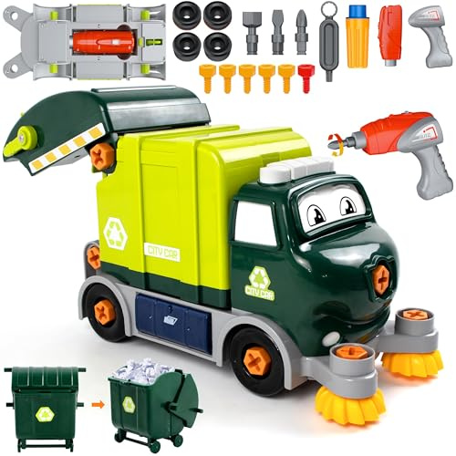 Brixlytoys Trucks Take Apart Toys with Electric Drill, DIY Electric City Clean Truck Toy Set, Disassembly Garbage Truck Toys, Birthday Gifts for 3 4 5 6 7 8 Years Old Boys Girls