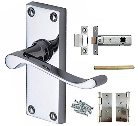 EUROART 1 Set of Victorian Scroll Latch Door Handles 114x40mm in Polished Chrome with Hinge & Latche Pack