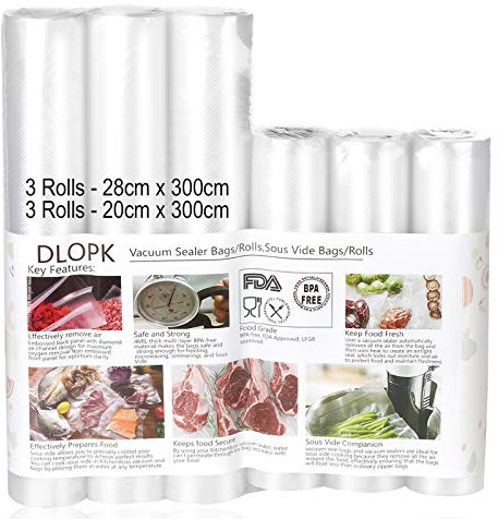 DLOPK Vacuum Sealer Bags, 6 Pack 20x300cm and 28x300cm Food Bags for Vacuum Sealer Sous Vide Machine Vacuum Sealer Rolls for Food Saver, Freezer Bags