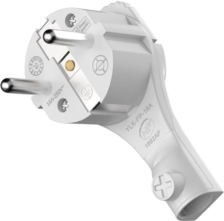 RedStar24 Schutzkontakt-Winkelstecker 250V, 16A, Flachstecker mit Klappgriff & Knickschutz, 8 mm Höhe, für Kabel bis 3x1,5 mm², CEE 7/7, Schuko-Winkelstecker extraflach mit Bügel, Weiß