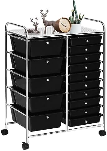 GIANTEX Rollwagen mit 15 Schubladen stapelbar, Schubladenwagen Badrollwagen Küchenwagen mit feststellbaren Rollen, Aufbewahrungswagen Haushaltswagen für Küche Bad Büro 63x37x87 cm (Schwarz)