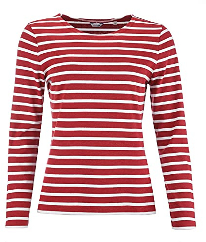 modAS Damen Shirt Streifenshirt 1/1-Arm - Ringelshirt Langarmshirt Damen Gestreift - Longsleeve Shirt mit Streifen aus Baumwolle in Rotmelange/Weiß Größe 42