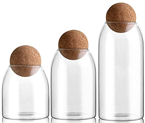 JUVEL 3 Stück Glas Lebensmittel Vorratsglas, Luftdicht Glasbehälter, Glas für Süßigkeiten, mit Korkkugel, Vorratsglas für Gewürze, Zucker, Kaffee, Kekse, 500 ml/800 ml/1200 ml