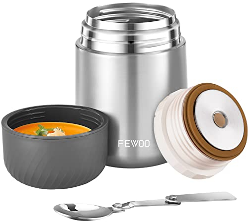 Soup Flask, 600ml Vacuum Insulated Food Jar for Hot Cold Food, Leak Proof Soup Containers for Kids and Adults (Grey)