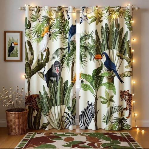 Loussiesd Palm Tree Print Window Curtains for Bedroom Living Room Leopard Zebra Competition Curtains Tropical Nature Theme Windows Drapes Wild Animal Pattern Room Decoration,W52*L63