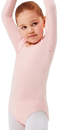 tanzmuster ® Ballettanzug Mädchen Langarm - Lilly - aus Baumwolle, Ballettbody Kinder Ballett Trikot in ballett-rosa, Größe 104/110