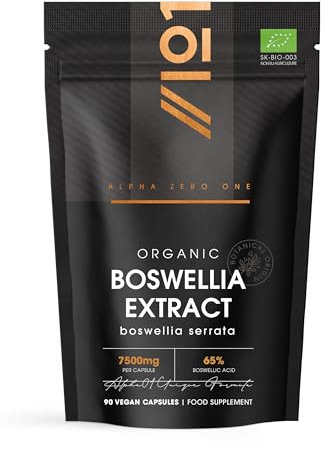 Organic Boswellia Serrata Extract 7500mg - Standardised 65% Boswellic Acid - 90 Vegan Capsules (3 Months Supply) – Resealable and Recyclable Pouch by Alpha01