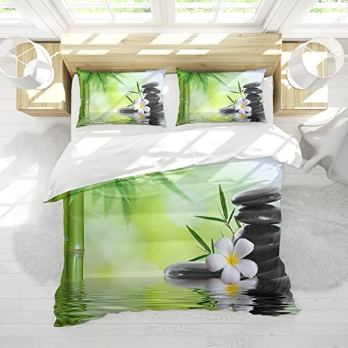 Juegos de Cama Verde Suave 3 Piezas de orquídea Blanca SPA Cubierta de Colcha Set Cubierta de edredón Relajada con Cierre de Cremallera y Lazos de Esquina 230x220cm