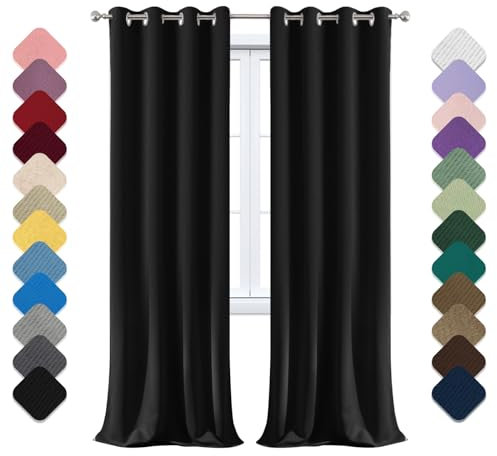Rideau Occultant Lot de 1 à Oeillets, Rideaux Thermique, 160x280cm (LxH) Rideau Douche, Rideau Opaque, Rideau Phonique, Dressing Rideau, pour Chambre Salon Balcon Noir