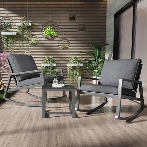 3-teiliger Schaukelstuhl, Terrassen-Außenmöbel, Verandastuhl-Gesprächsset mit Glas-Couchtisch mit 2 Schaukelstühlen und 1 Glas-Couchtisch mit dicken Kissen für Hinterhof, Veranda, Pool