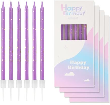 24 Pcs Birthday Candles - Purple Gold Party Candles, Colorful Happy Birthday Candles, Long Thin Candles Cake Toppers for Girls Boys Men Women Birthday Wedding Décor