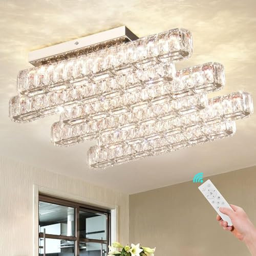 Cainjiazh 52cm Moderne Kristall-Kronleuchter 6 Lichter LED Flush Mount Deckenleuchte mit Fernbedienung Rechteck Kristall in der Nähe der Decke Leuchten für Wohnzimmer Schlafzimmer (dimmbar)