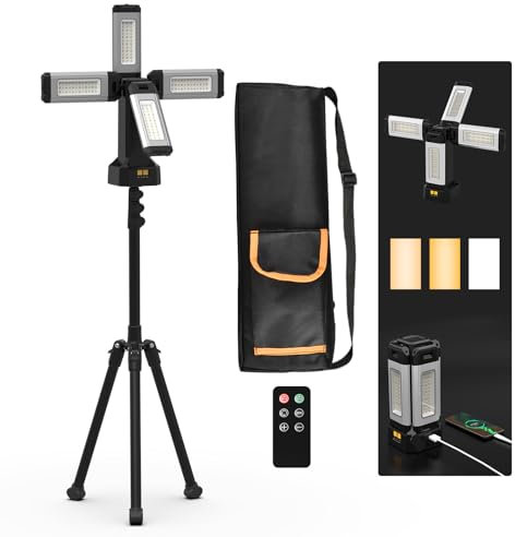 Lampe de Travail Rechargeable en Aluminium 13200 mAh Avec Trépied Pliable et Sac de Transport, 8000 Lumens à Intensité Variable Projecteur de Chantier (Avec télécommande)