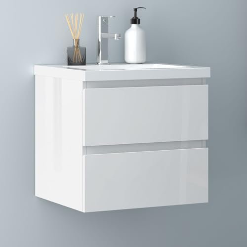 Biubiubath Badezimmermöbel 50cm Mineralguss Waschtisch mit Unterschrank Badmöbel Set Badezimmerschränke mit 2 Soft-Close Schubladen Hochglanz Weiß