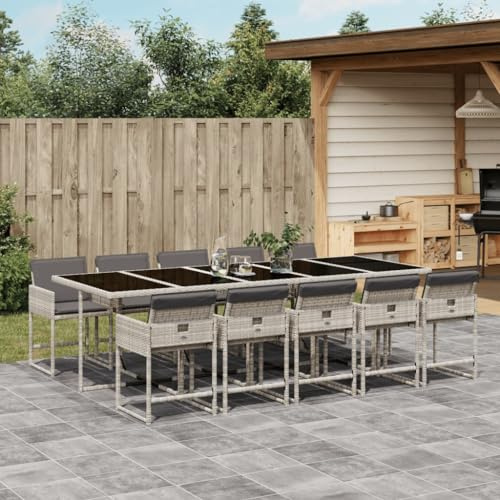 Faroom Polyrattan Sitzgruppe for 10 Personen - Gartenmöbel Set 10 Stühle mit Tisch mit Glasplatte & Kissen - Garten Sitzgruppe - Polyrattan Gartenmöbel Set für Garten & Terrasse Hellgrau AS 20