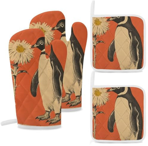 Ofenhandschuhe und Topflappen, hitzebeständige Topflappen, rutschfeste Hot Pads, eine Blume und Pinguin, Ofenhandschuhe zum Kochen, Backen, Grillen, 4-teilig