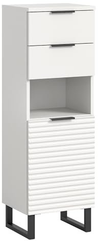 xonox.home Badezimmer Riff Kommode Schrank Standschrank schmaler Badezimmerschrank Badschrank schmal in weiß ca. 35x110x34 cm auf schwarzen Kufen